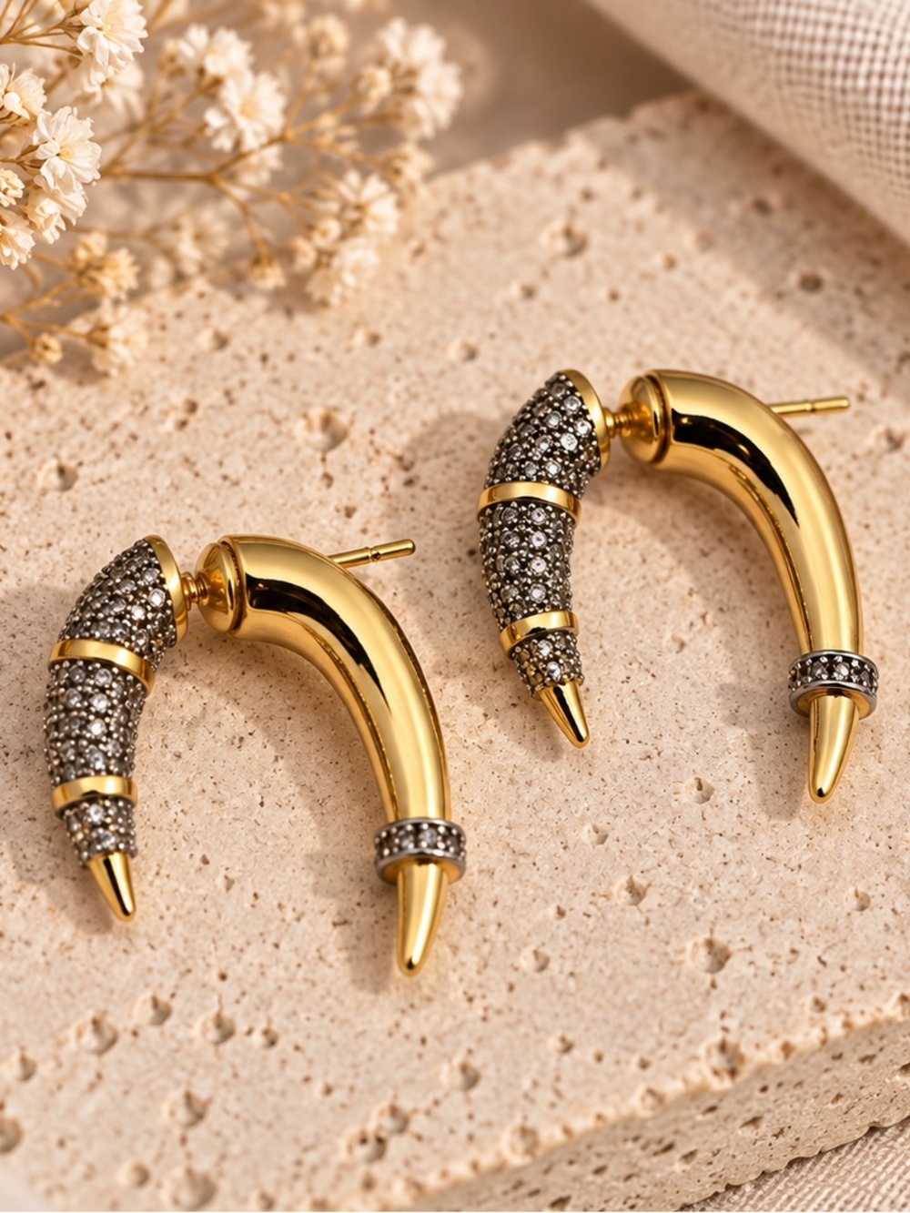 Vintage Style Gold Crystal Horn Statement Earrings